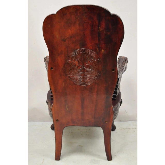 Red Antique Japanese Export Carved Hardwood Foo Dog Figural Throne Desk Arm Chair For Sale - Image 8 of 12
