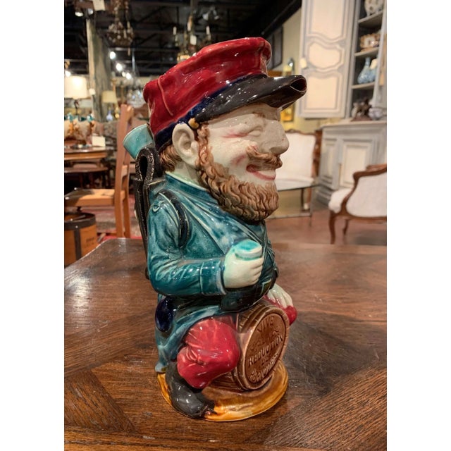 Figurative 19th Century French Onnaing Hand-Painted Barbotine Soldier Pitcher For Sale - Image 3 of 13
