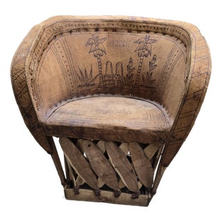 Vintage Mexican Child's Leather Equipal Barrel Chair With Pyrography Art For Sale