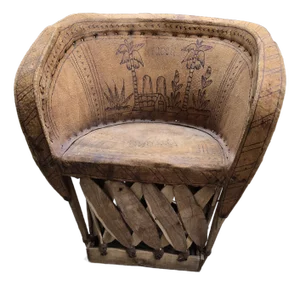 Vintage Mexican Child's Leather Equipal Barrel Chair With Pyrography Art