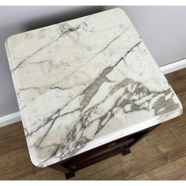 Antique French Style Walnut Bedside Table with Marble Top For Sale - Image 10 of 12