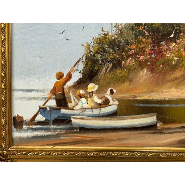 Textile Three Children and Dog in a Rowing Boat at a Farmhouse Flower Garden in England 1980 Circa For Sale - Image 7 of 17