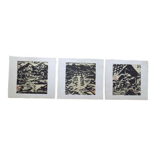 Vintage Mid 20th C Signed Folio Size Japanese Lithographs Of. Expressionist Woodblock Prints of Edo, Japan - Set of 3 For Sale