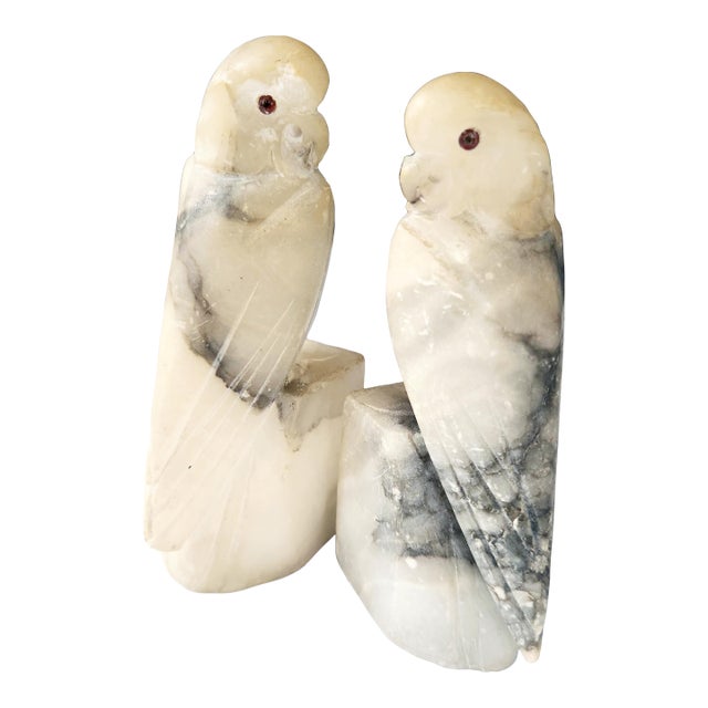 Mid 20th Century Italian Alabaster Parrot Bookends, Hand-Carved Stone Sculptures For Sale
