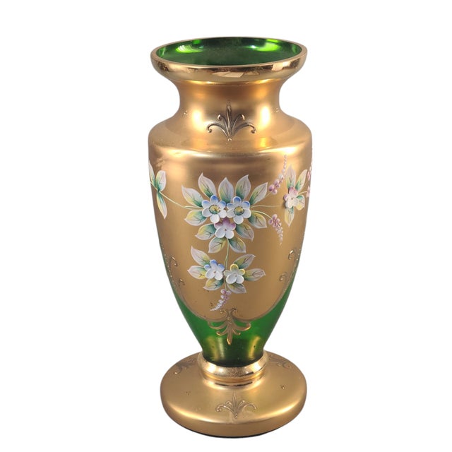 Vintage Bohemian Heavily Gilded High Enamel Floral Green Crystal Art Glass Vase For Sale - Image 11 of 11