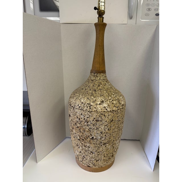 Mid-century modern cork and turned walnut lamp. Extra large and stature, cork is in good shape.
