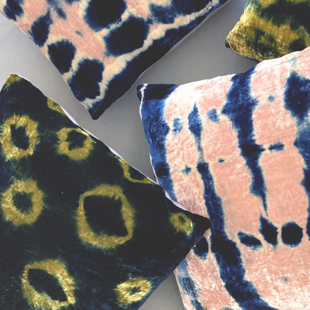 Rousseau Hand Dyed Silk Velvet Pillow, Gold & Indigo Ikat Abstract Pattern For Sale - Image 4 of 5