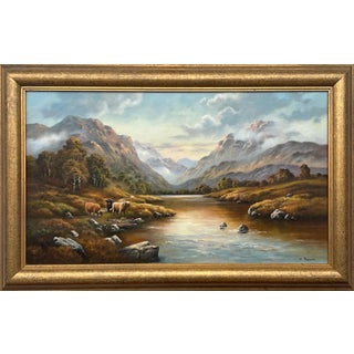 River Landscape with Highland Cows & Sheep in the Scottish Mountains 1985 Circa For Sale