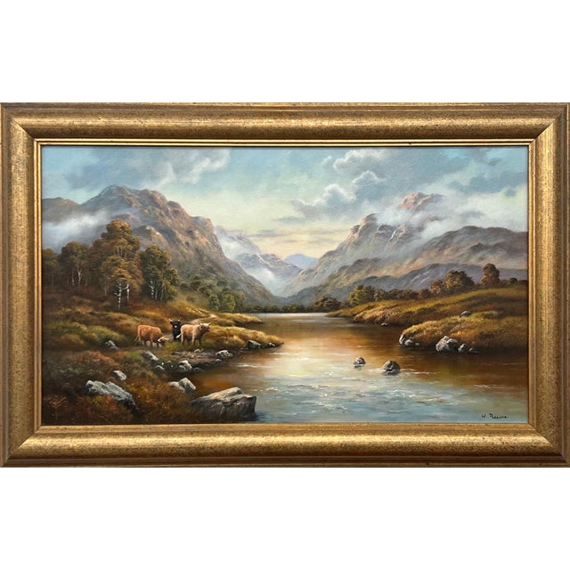 River Landscape with Highland Cows & Sheep in the Scottish Mountains 1985 Circa For Sale