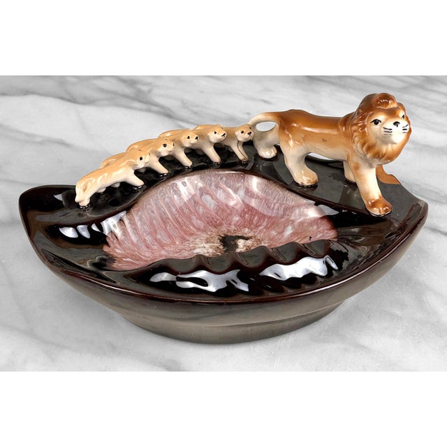 Mid-Century Atomic Drip Glazed Ceramic Lion & Cubs Ashtray For Sale - Image 4 of 10