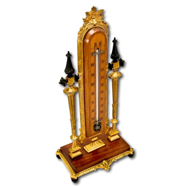 Wood Beautiful High Quality Large Antique French Gothic Gilt Bronze & Mahogany Desk Top Thermometer Dated 1877 For Sale - Image 7 of 12