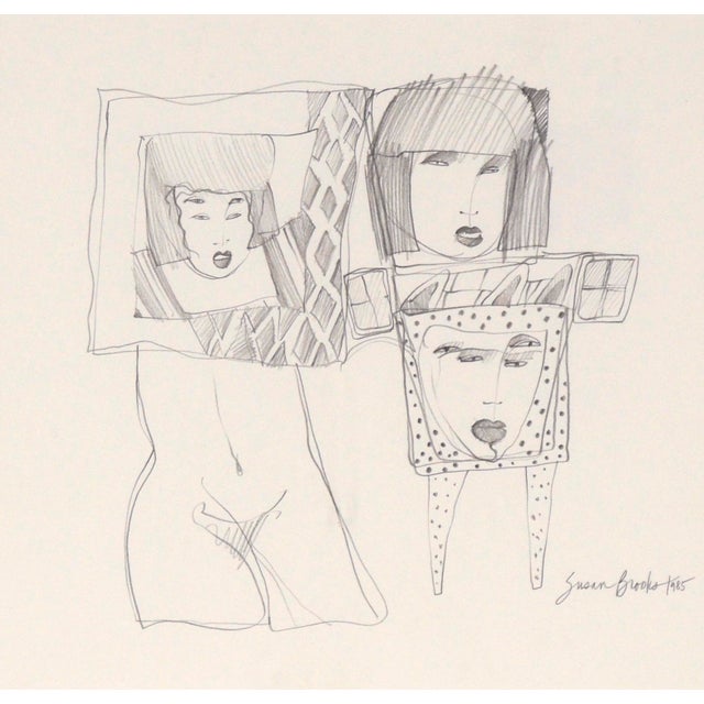 Fun and playful figurative line drawing with three stylized female faces by SusanBrooks (American, b. 1951), 1985. Signed...