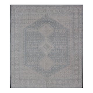 Modern Persian Shiraz Rug With Tribal Design in Light Blue Background and Taupe For Sale