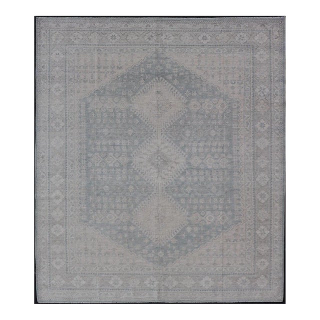 Modern Persian Shiraz Rug With Tribal Design in Light Blue Background and Taupe For Sale