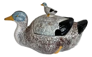 Late 20th C. Bordalo Pinheiro Duck Lidded Tureen Made in Portugal