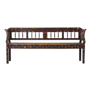 19th Century Antique Blue Folk Painted Hungarian Pine Bench For Sale