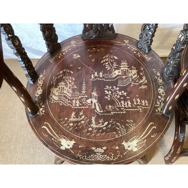 Circa 1890-1900 Hand Carved and Inlaid Asian Arm Chairs Depicting a Village - A Pair For Sale - Image 9 of 11