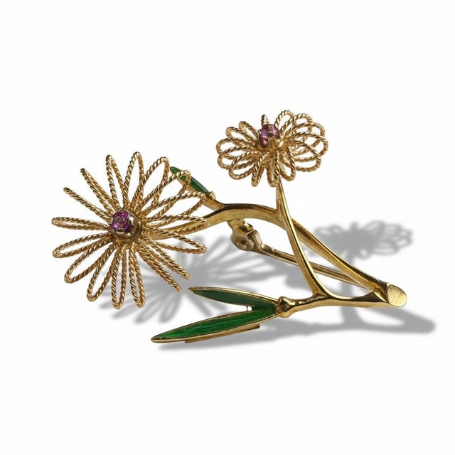 Metal 1970s 18k Yellow Gold Ruby and Enamel Floral Brooch Vintage Handcrafted Treasure For Sale - Image 7 of 9