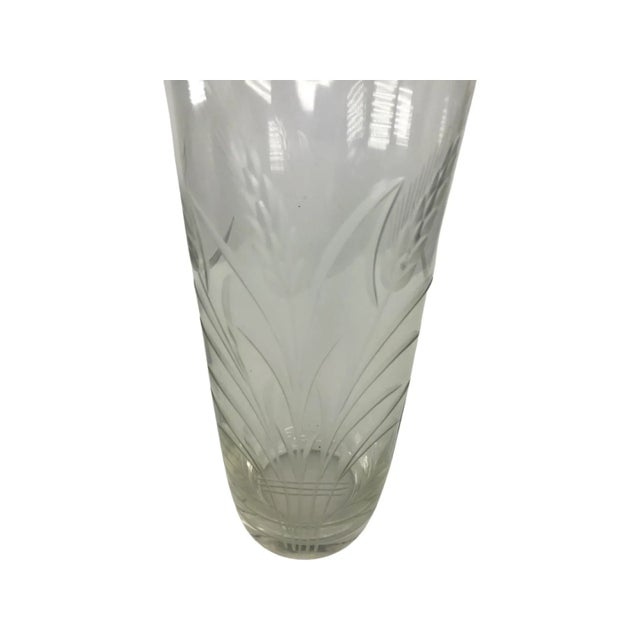 Large Art Deco Cocktail Shaker. Oversized Clear glass container with wheel cut wheat sheaf design and chrome cover.
