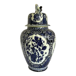 Delft Blue and White Hand-Painted Porcelain Ceramic Lidded Urn Jar