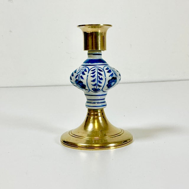 Mid-Century Boho Chic Hollywood Regency Ceramic Delft Blue & White, Brass Candle Holder For Sale - Image 6 of 11