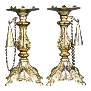 Early 20th Century Baroque Style Pillar Candle Holders With Snuffer - Set of 2 For Sale