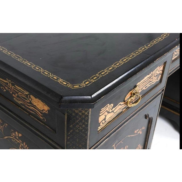 Chinoiserie Hand Painted Black Lacquer Partners Desk For Sale - Image 11 of 12