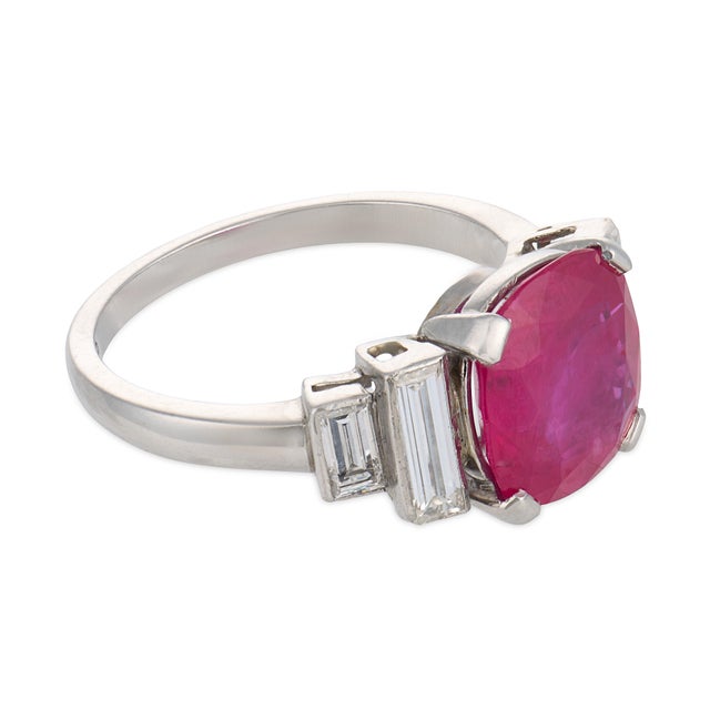 1950s French Mid Century 3.55 Carat Burma Ruby Diamond Platinum Ring, Size 6.5 For Sale - Image 5 of 5