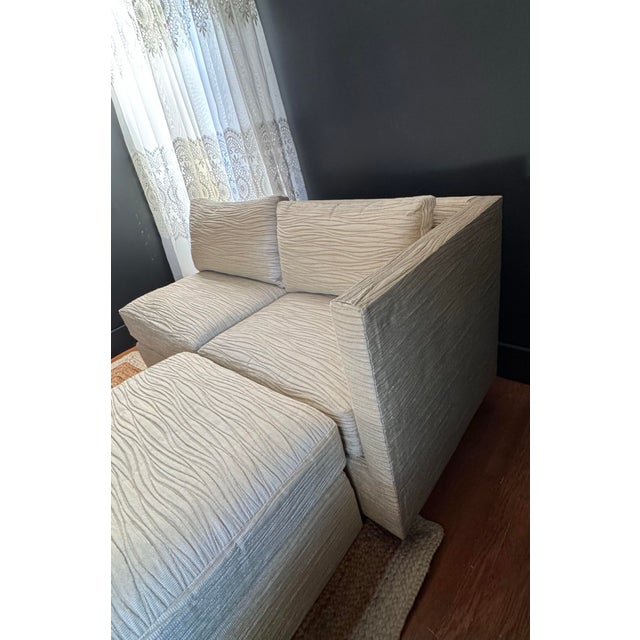 Textile Petite Even Arm Occasional Sofa With Ottoman For Sale - Image 7 of 12