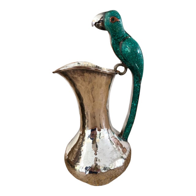 Mid Century Los Castillo Silver Plate Pitcher With Parrot For Sale