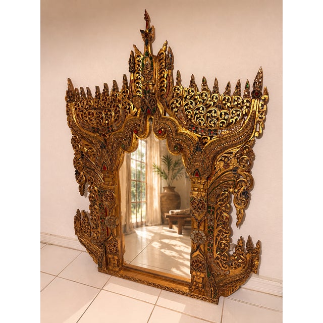 Mid 20th Century Large Hand-Carved Thai Lanna Teak Mirror For Sale - Image 4 of 4