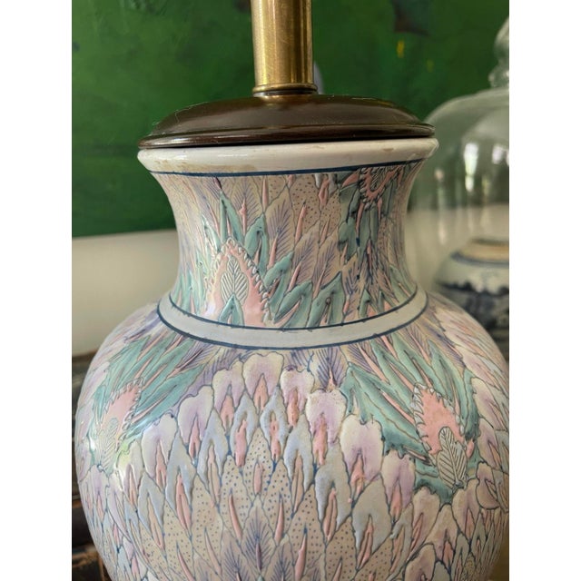 Baby Blue Vintage Frederick Cooper 1980s Pastel Peacock Chinoiserie Lamp For Sale - Image 8 of 10