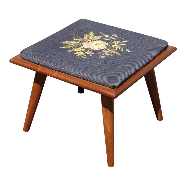 Vintage Mid Century Modern Blue Needlepoint Tapestry Footstool Stool Bench For Sale