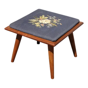 Vintage Mid Century Modern Blue Needlepoint Tapestry Footstool Stool Bench