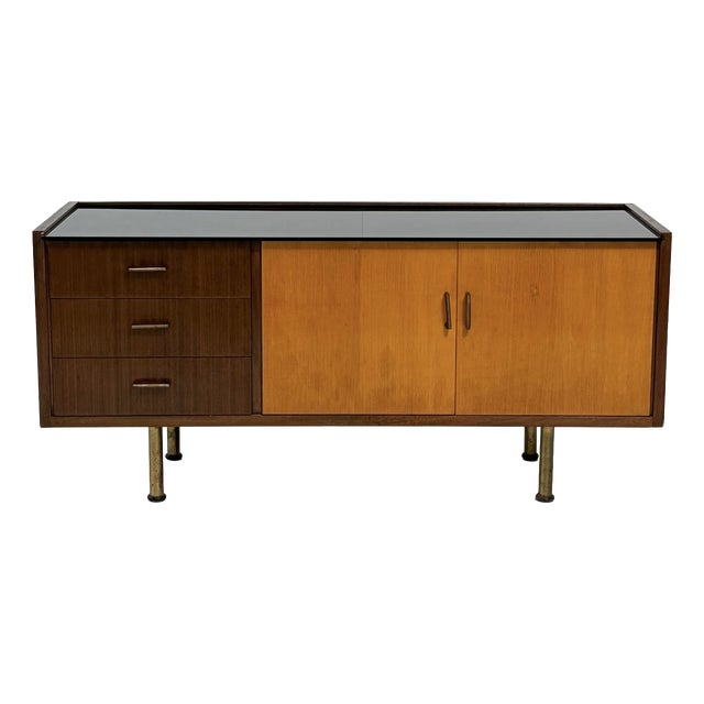 Vintage Two-Tone Wood Sideboard with Black Glass Top, 1960s For Sale