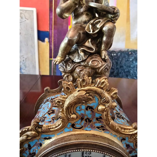 Art Nouveau Antique Champleve Enamel Museum Bronze Clock For Sale - Image 3 of 12