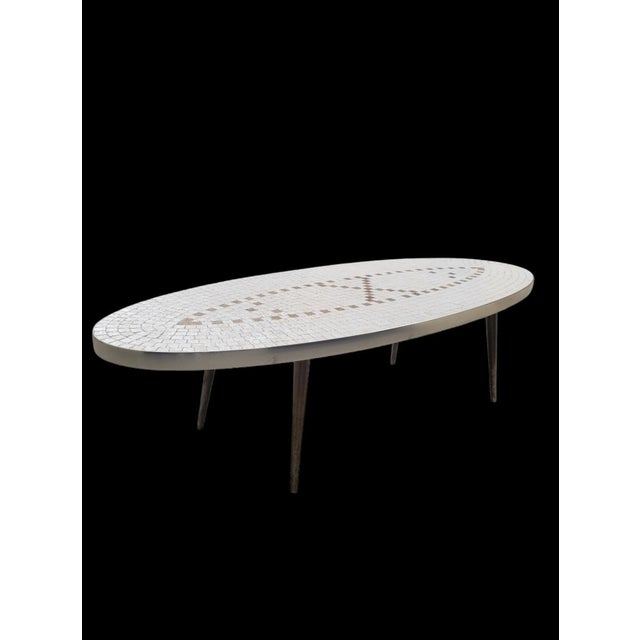 Metal Vintage Mid-Century Modern Oval Mosaic White Bronze Tile Coffee Table For Sale - Image 7 of 12