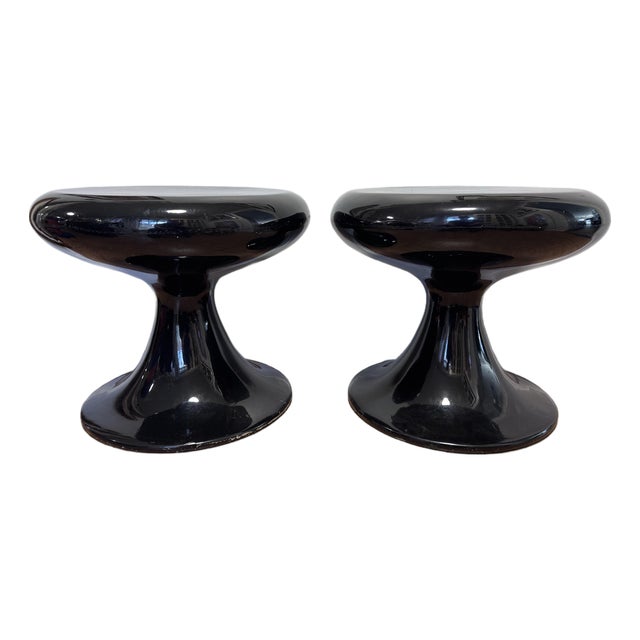 Pair Space Age Black Fiberglass Mushroom Pedestal Stools, 1960s–70s For Sale