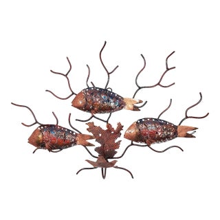 Late 20th Century Metal Fish Wall Art Handmade Painted Parrotfish Coral Reef Candle Object Holder For Sale