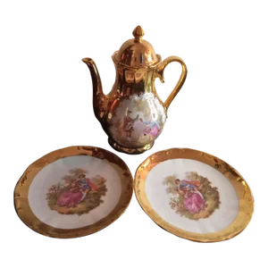 1950s Bavarian German 22k Gold Plated Tea Pot & Hors d'Oeuvres Plates Set- 3 Pieces