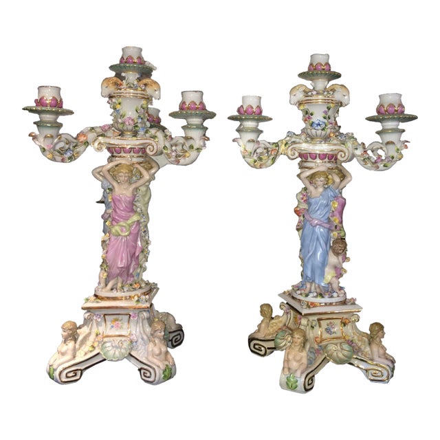 Pair of Ornate Porcelain Candelabras Circa 1900s For Sale