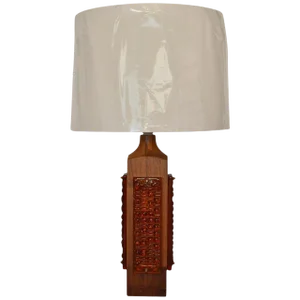 Mid-Century Modern Teak and Amber Glass Table Lamp