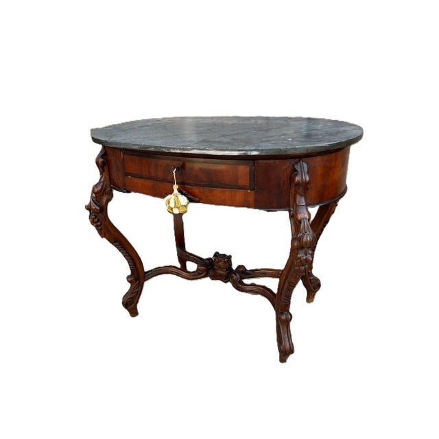 Oval Wooden Table with Marble Top and Drawer, 1890s For Sale - Image 10 of 10