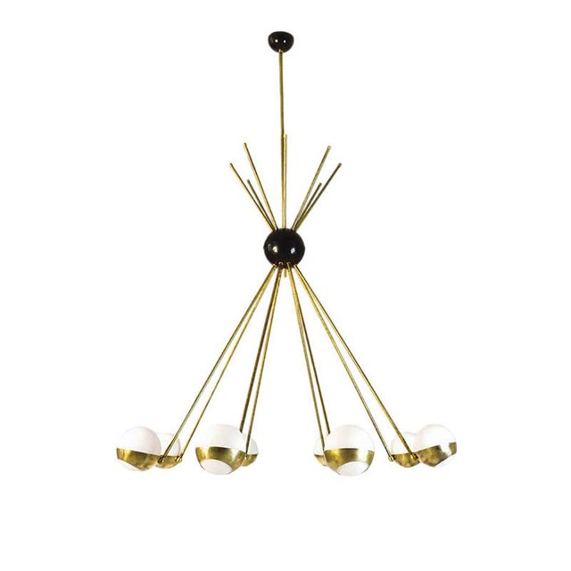 Mid-Century Italian Brass and Opaline Glass Chandelier from Stilnovo For Sale - Image 6 of 6