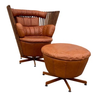 Vintage 1990’s Pacific Green Tavarua Palm Wood and Leather Swivel Chair and Ottoman - a Set of 2 For Sale