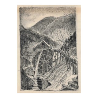 1930s Norman Kent Mountain Valley and Mill Drawing For Sale
