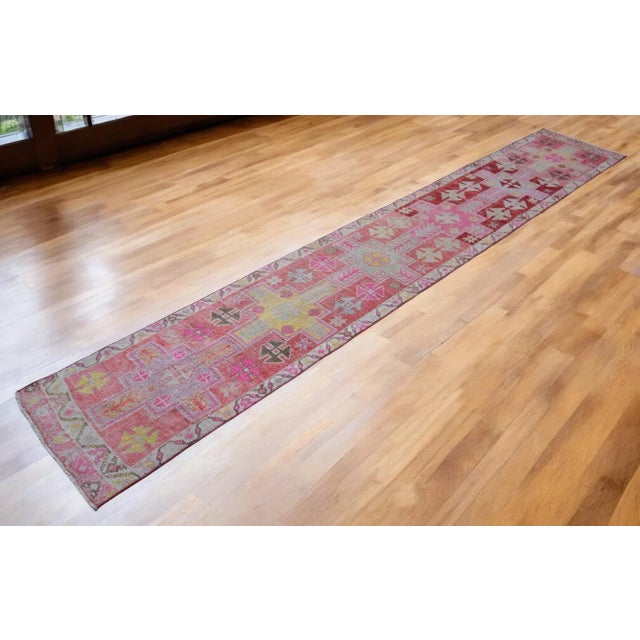 Vibrant Turkish Runner 2x12 Long Narrow Rug Vintage Pink Hallway Oriental Carpet For Sale - Image 4 of 15