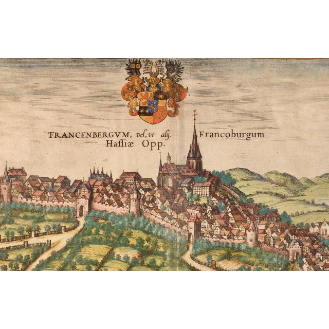 This is a 16th century original hand-colored copperplate engraved map of Frankfort, Germany entitled "Francenbergum, vel...