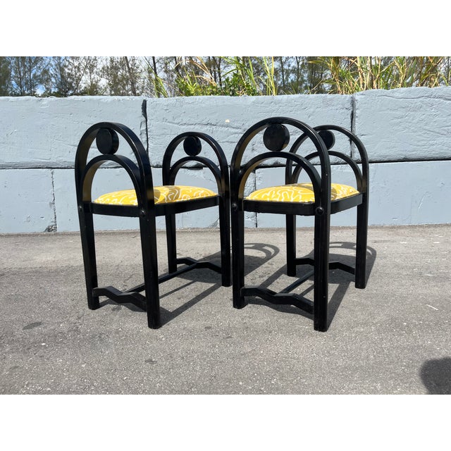 Art Deco 1930s Pair of Original Art Deco Stools, Ottoman, Wood, Black, Yellow For Sale - Image 3 of 16