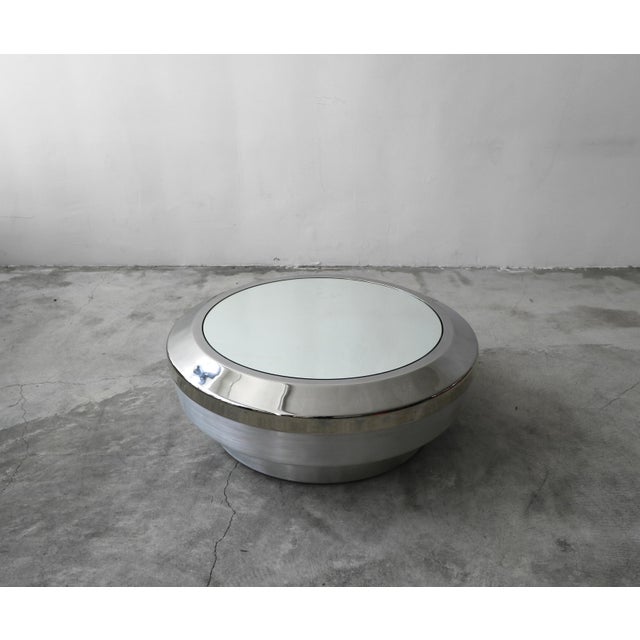Round Aluminum Chrome and Mirror Drum Canister Coffee Table by Gj